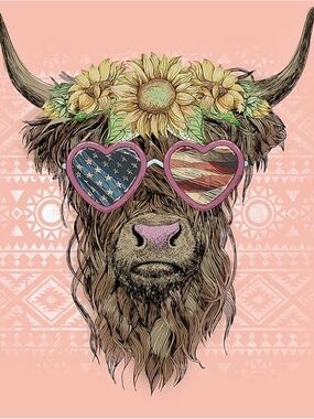 New Pink Highland Cow with Sunflower Crown and patriotic sunglasses tee size L